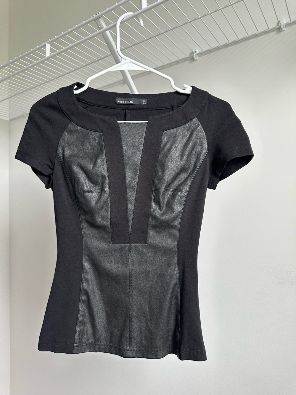 Karen Millen Black Short Sleeve Top with Faux-Leather Front Panels